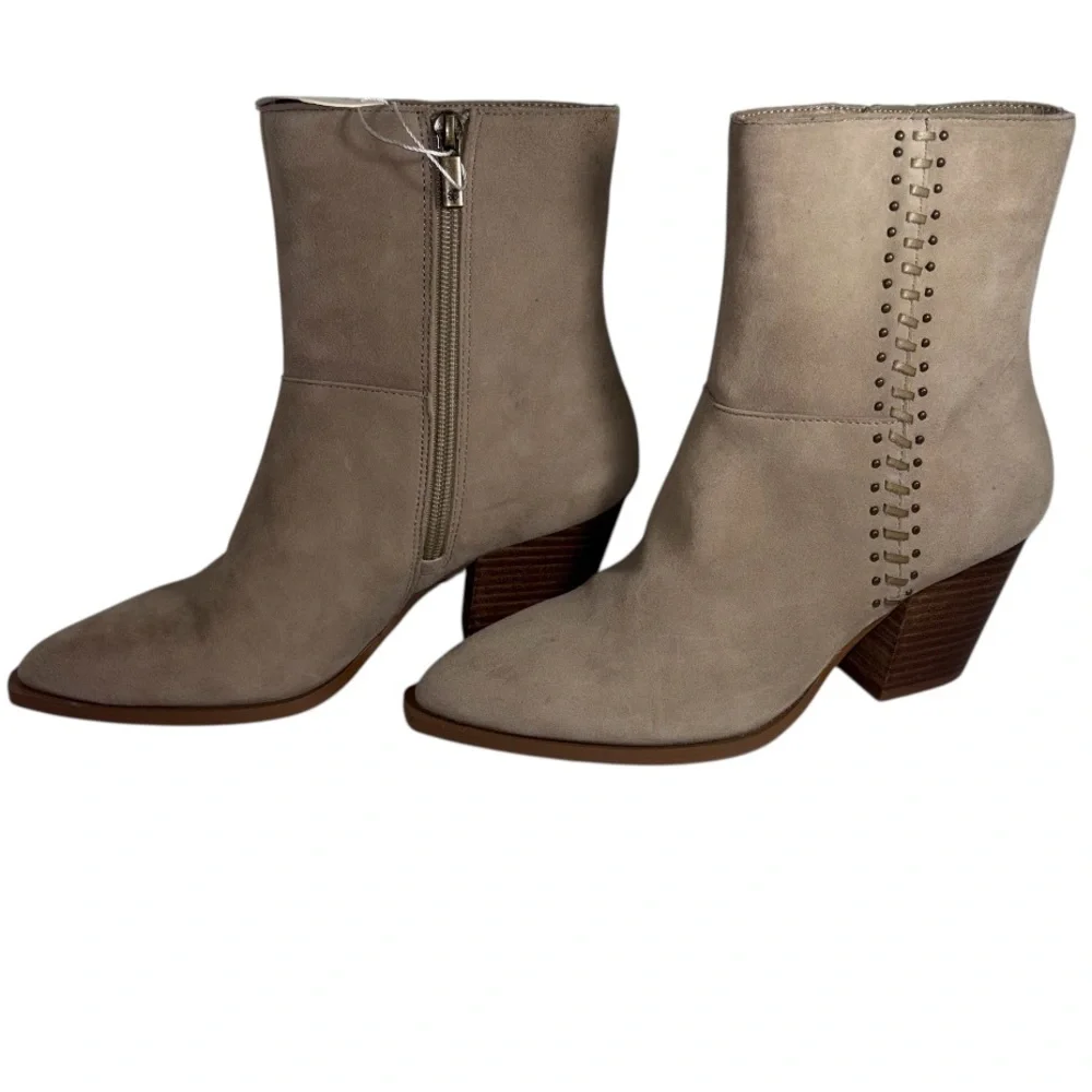 Lucky Brand Boho Suede Leather Boots Block Heel Side Stud Detail Tan Size 7.5